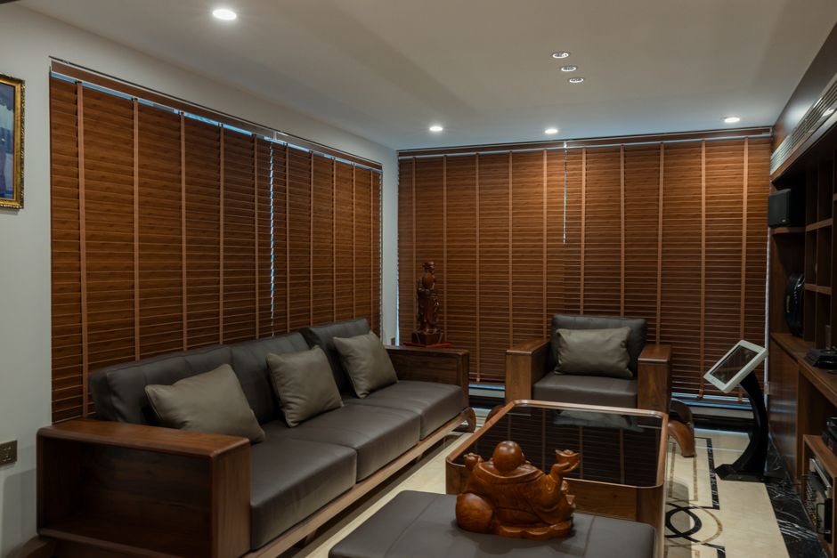Modern living room showcasing premium custom window blinds